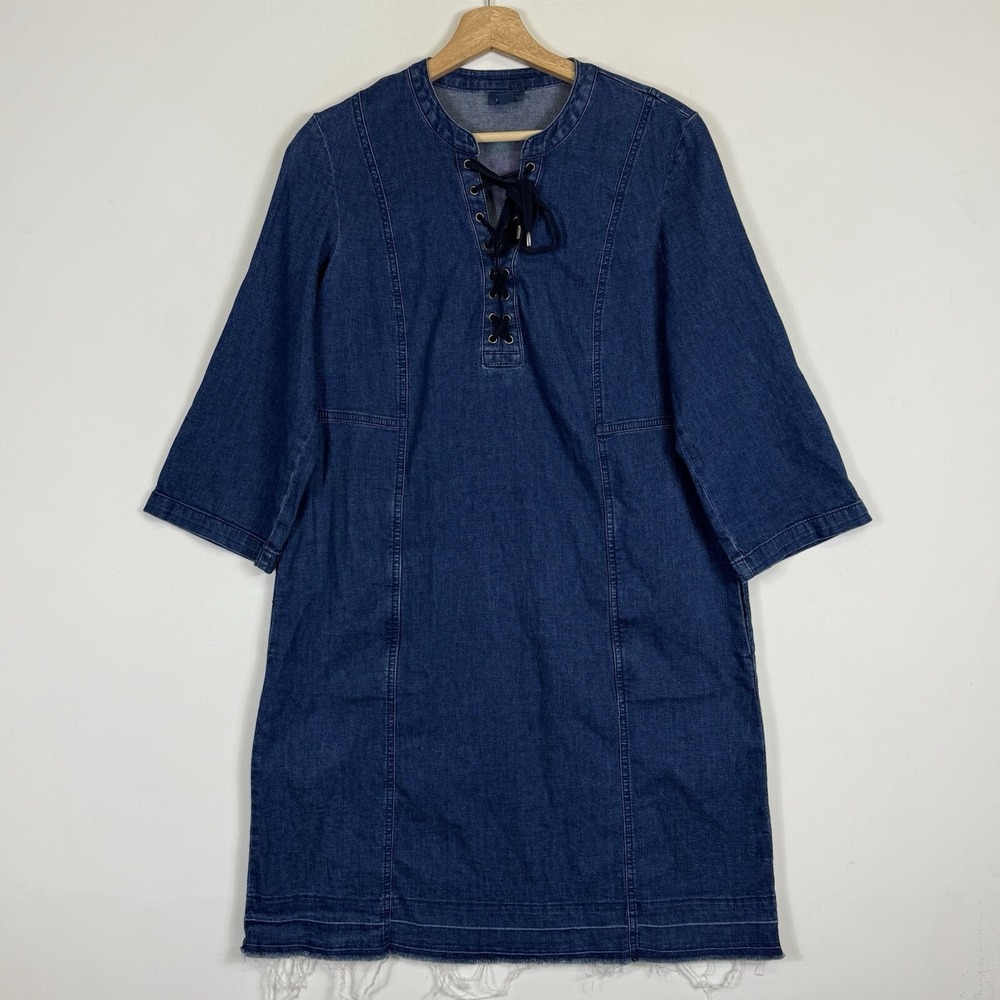J.Jill Denim Lace Up Dress Womens Medium Blue Frayed Coastal Grandma Artsy